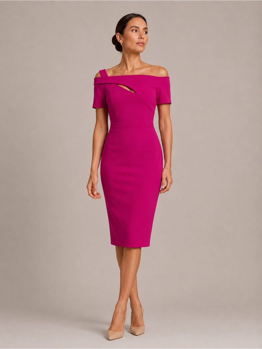 Chiara Boni La Petite Robe Fuchsia Cutout Shoulder Midi Length Dress Size 12